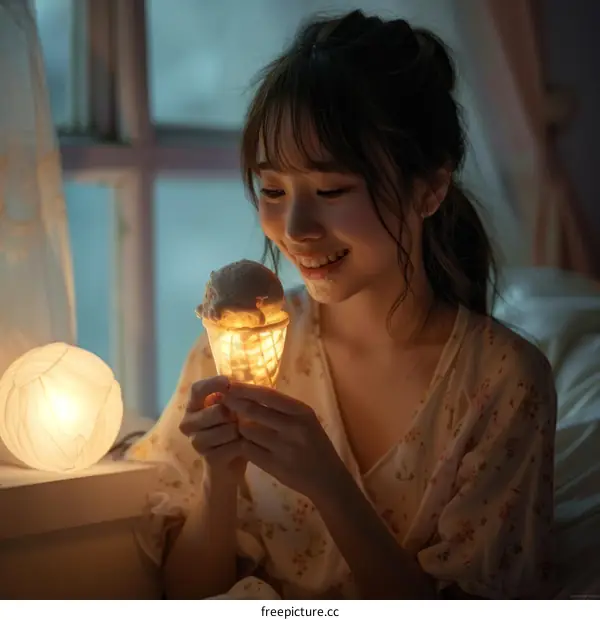 A young woman is holding an ice cream cone that is shaped like a light bulb.