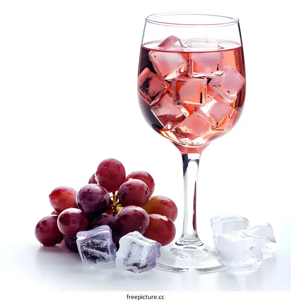 Glass of rose wine with ice cubes and grapes