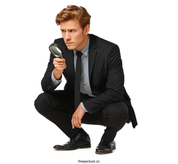 [Transparent Background PNG]Businessman Examining with Magnifying Glass