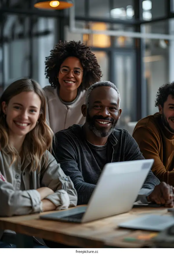 Group of business professionals smiling and looking at the camera