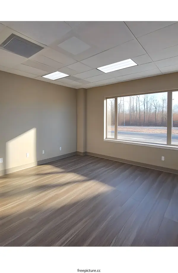 Empty Office Room with Large Window and Wood Floor