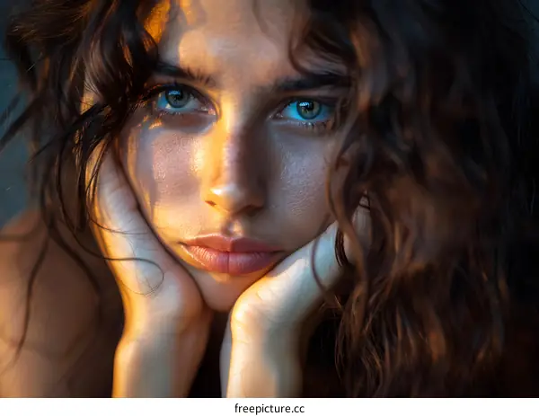 Portrait of a beautiful young woman with green eyes and curly hair