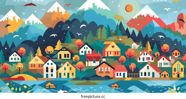 Colorful Flat Design Illustration of a Village in the Mountains