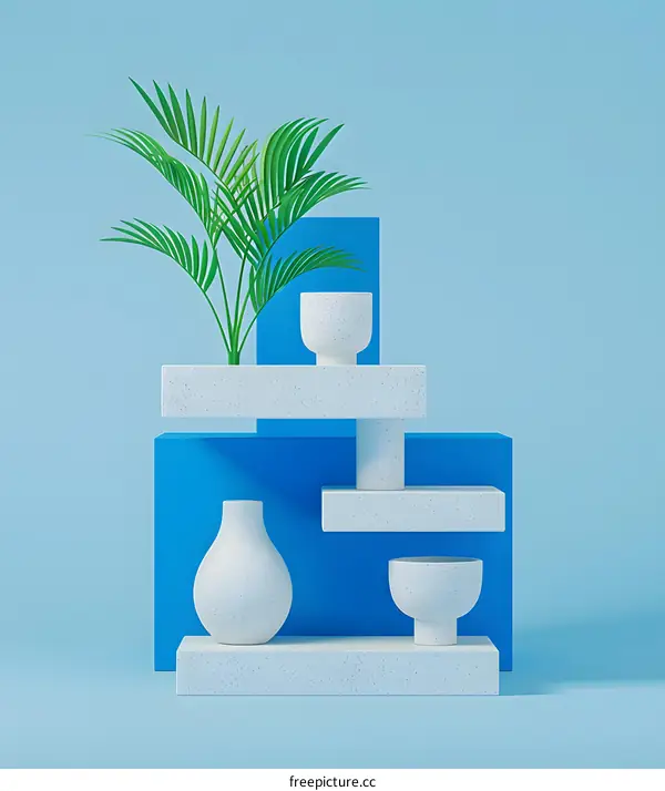 Abstract Minimalist Still Life with Blue and White Geometric Shapes and Green Palm Plant