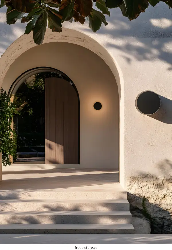 Modern Minimalist Arched Doorway Entrance With Stone Steps And Sunlight