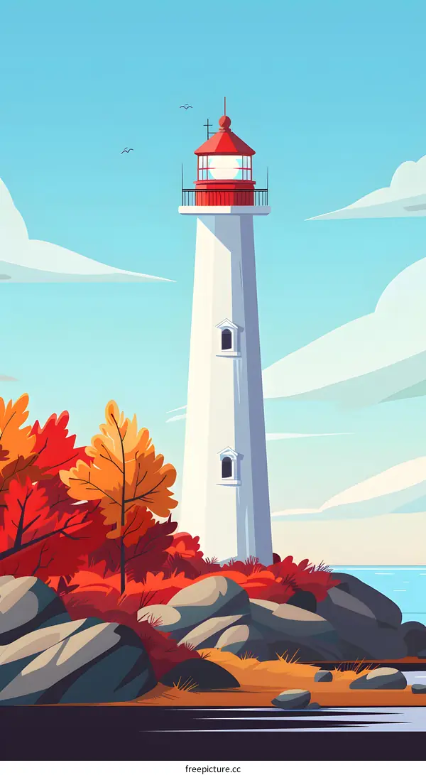 White Lighthouse On A Rocky Shore In Autumn