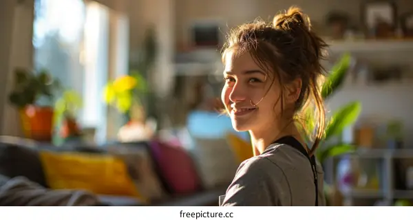 A young woman smiles in front of a window