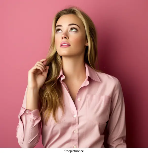 Elegant blonde woman in pink blouse looking away