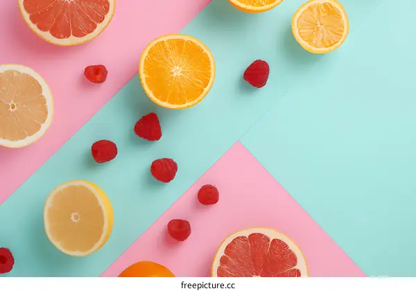 Fresh Citrus Fruit and Raspberries on a Pink and Blue Background