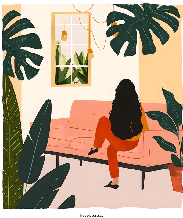 Woman Sitting on a Couch in a Room with Plants