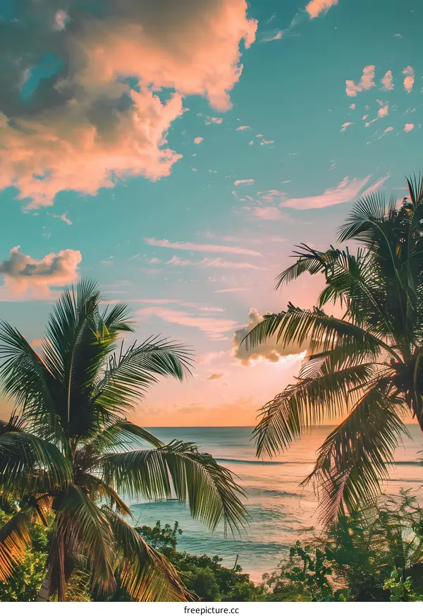 Tropical Sunset Over the Ocean with Palm Trees