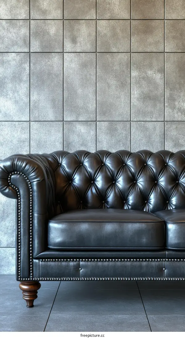 Classic Black Leather Chesterfield Sofa Against Grey Tiles