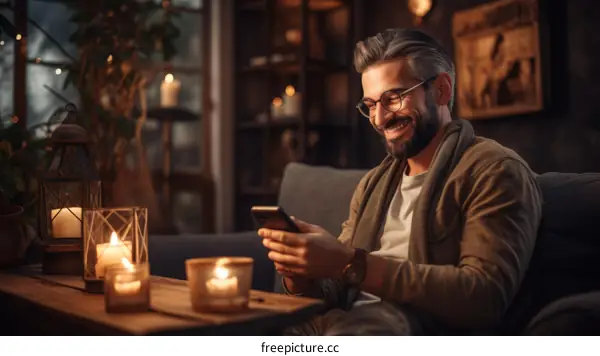 Bearded man smiling while texting on his phone