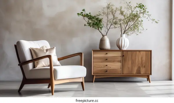 Minimalist Living Room with White Armchair and Wooden Cabinet