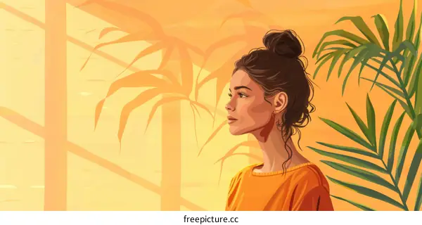 A thoughtful young woman gazes out the window at the setting sun.