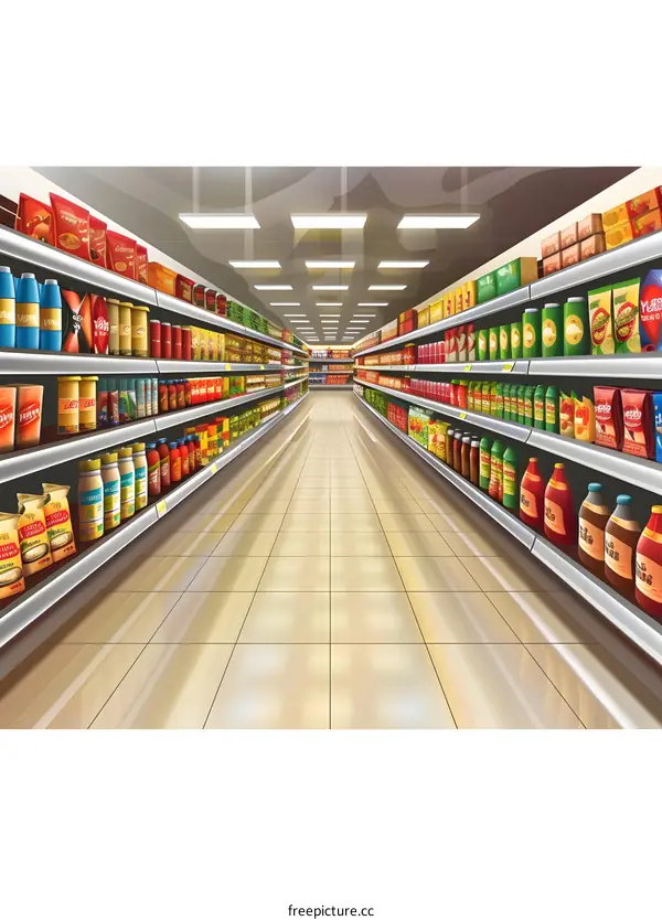 Empty Super Market Aisle with Shelves Full of Food Products