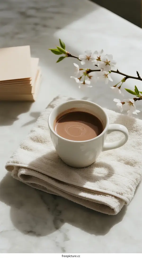 A warm cup of chocolate with spring blossoms on marble table