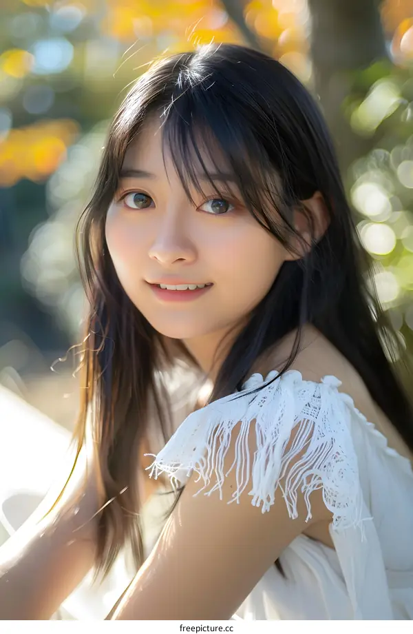 Portrait of a Young Woman with Long Black Hair Smiling in a White Dress