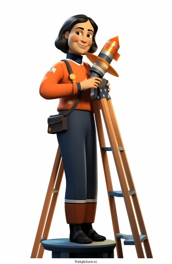 A young girl in an orange spacesuit standing on a ladder and holding a telescope