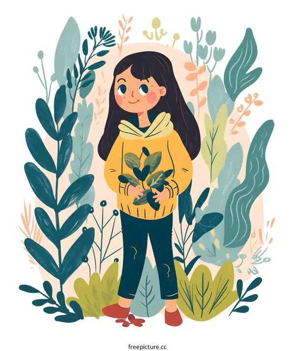 Young Girl Holding Plants in a Garden Illustration