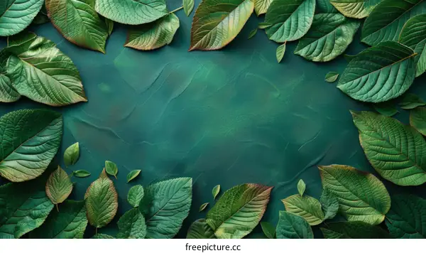 Green leaves frame on a dark green textured background.