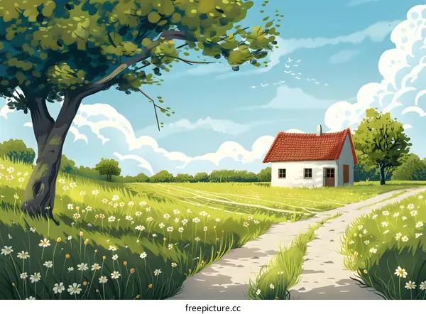 Summer Countryside Landscape with a Small House