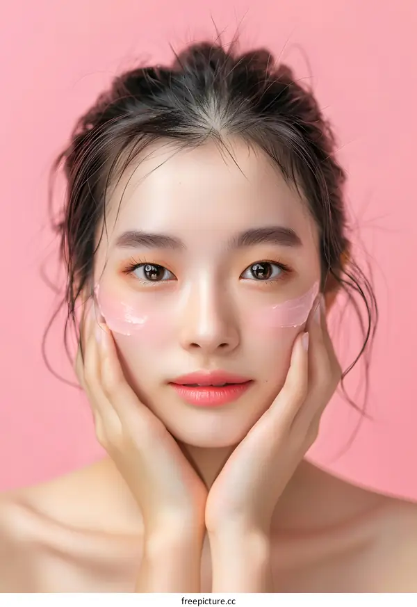 Beautiful Asian Woman with Pink Eye Mask on Pink Background