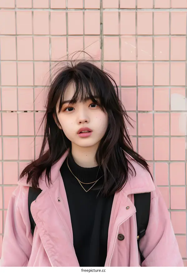 Asian Woman Wearing Pink Jacket and Black Sweater