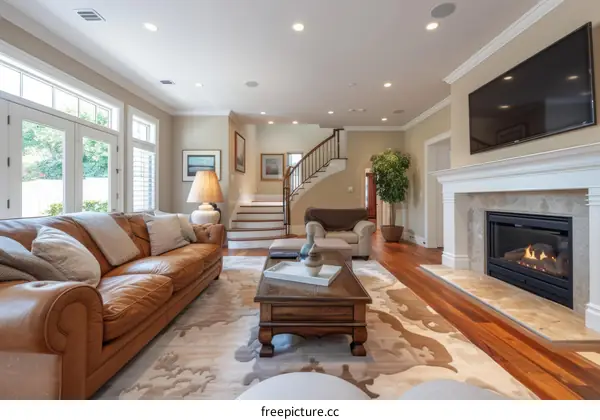 Modern Living Room Interior with Fireplace and Stairs