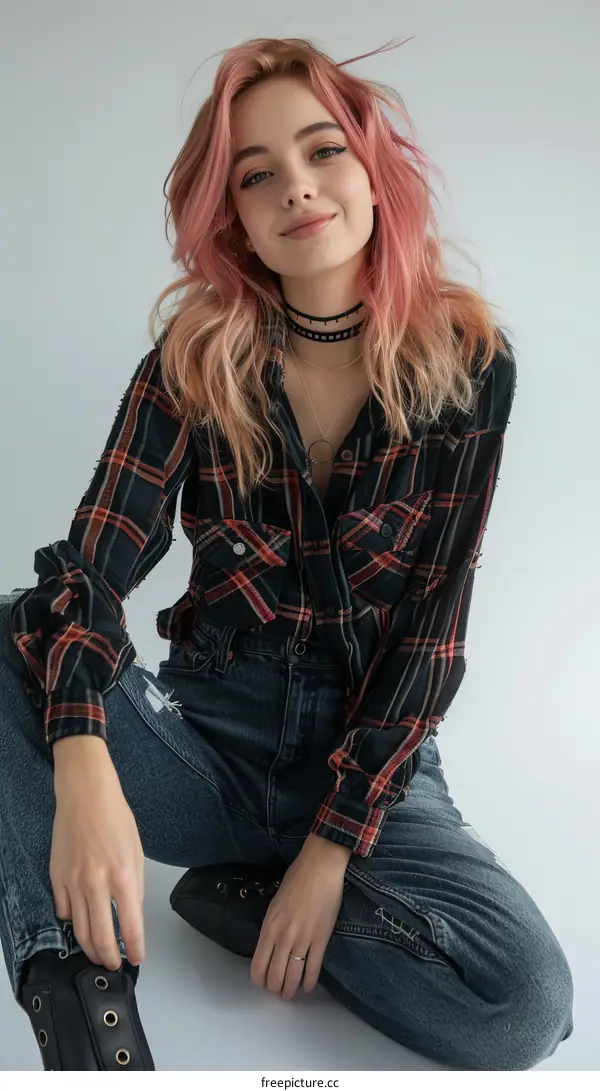 Pink-haired girl in a plaid shirt