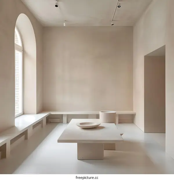 Minimalist Interior Design with Stone Table and Bench