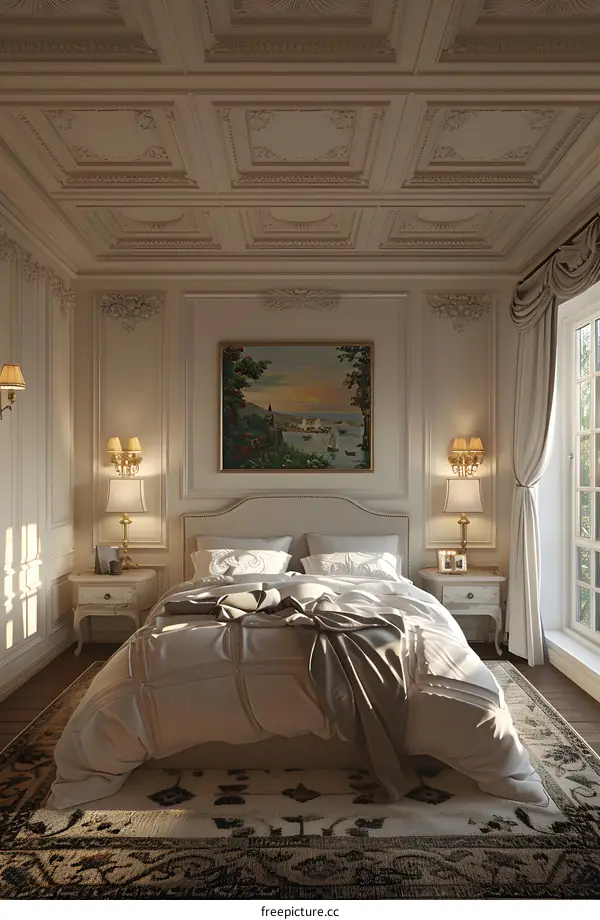 Ornate bedroom with painting above bed