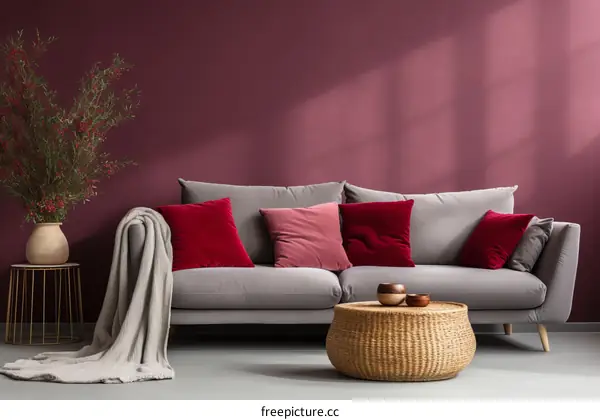 Stylish Gray Sofa Adorned with Red Pillows in Modern Living Room