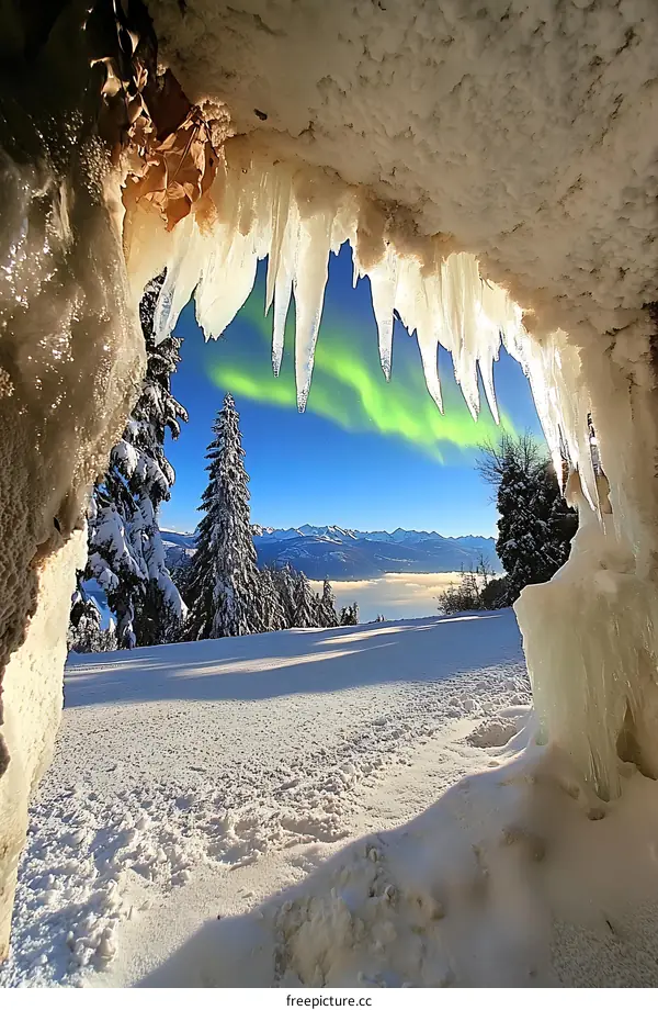 Winter Landscape with Icicles and Northern Lights