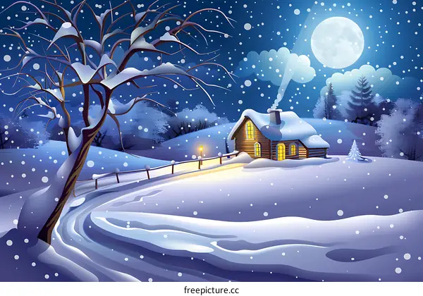 Snowy Cabin In The Woods Under Full Moon