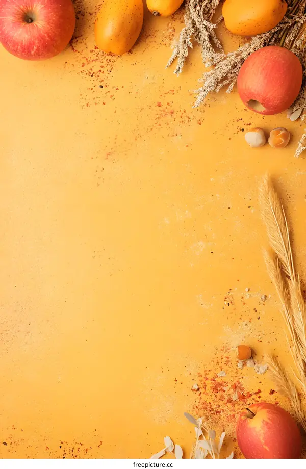 Autumn Harvest Background With Apples, Pampas Grass and Spices on Yellow Background