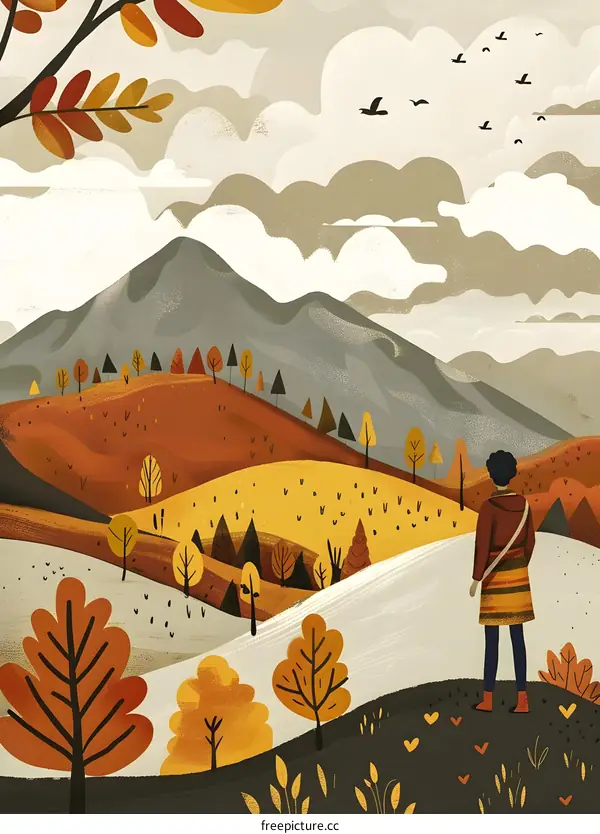 Autumn Landscape With A Person Looking At The Mountains And Birds