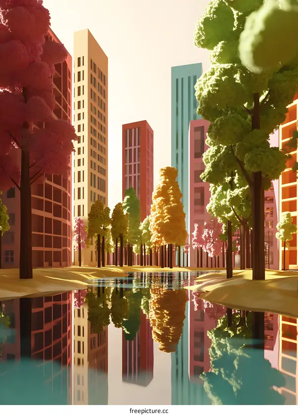 Colorful Cityscape with Reflection in Water