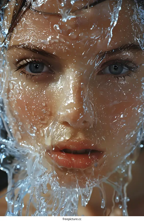 Woman Face Covered in Water Drops Close Up