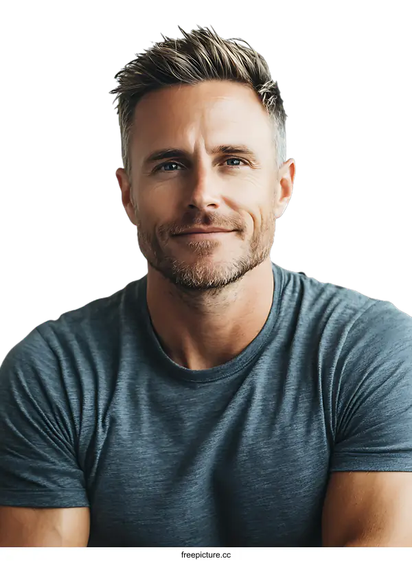 [Transparent Background PNG]Portrait of a Handsome Caucasian Man Wearing a Grey T-Shirt