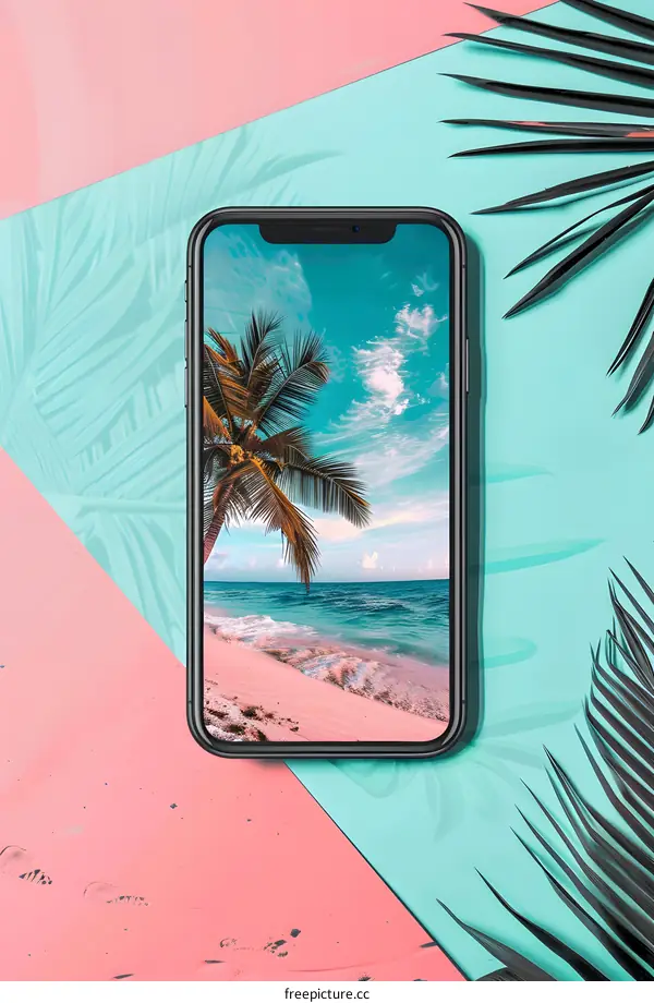 Tropical Beach on Smartphone Display with Palm Leaf
