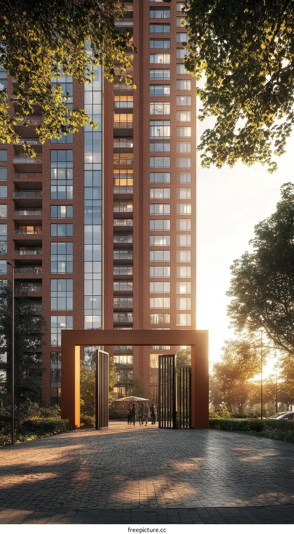 Modern Brick Apartment Building Entranceway with People