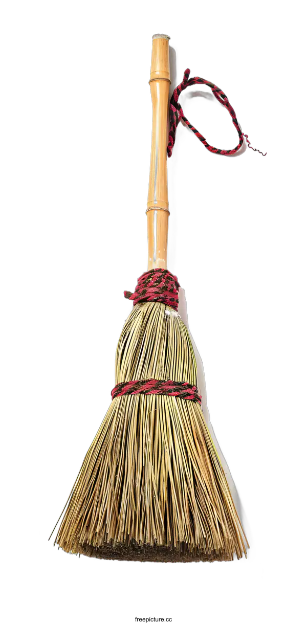 [Transparent Background PNG]Traditional Handmade Broom with Bamboo Handle and Red Rope