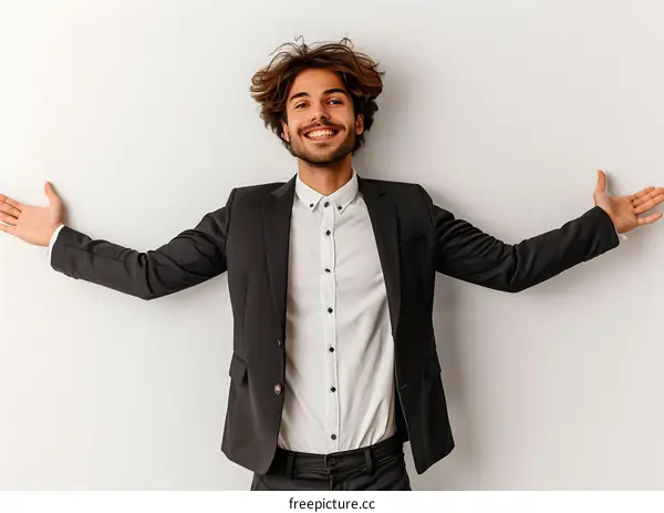 Hispanic Man Welcoming with Open Arms Against White Wall