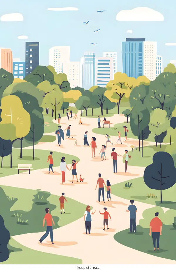People Walking in City Park with Trees and Buildings
