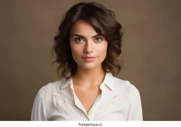 Headshot of a young woman with brown hair and brown eyes wearing a white blouse