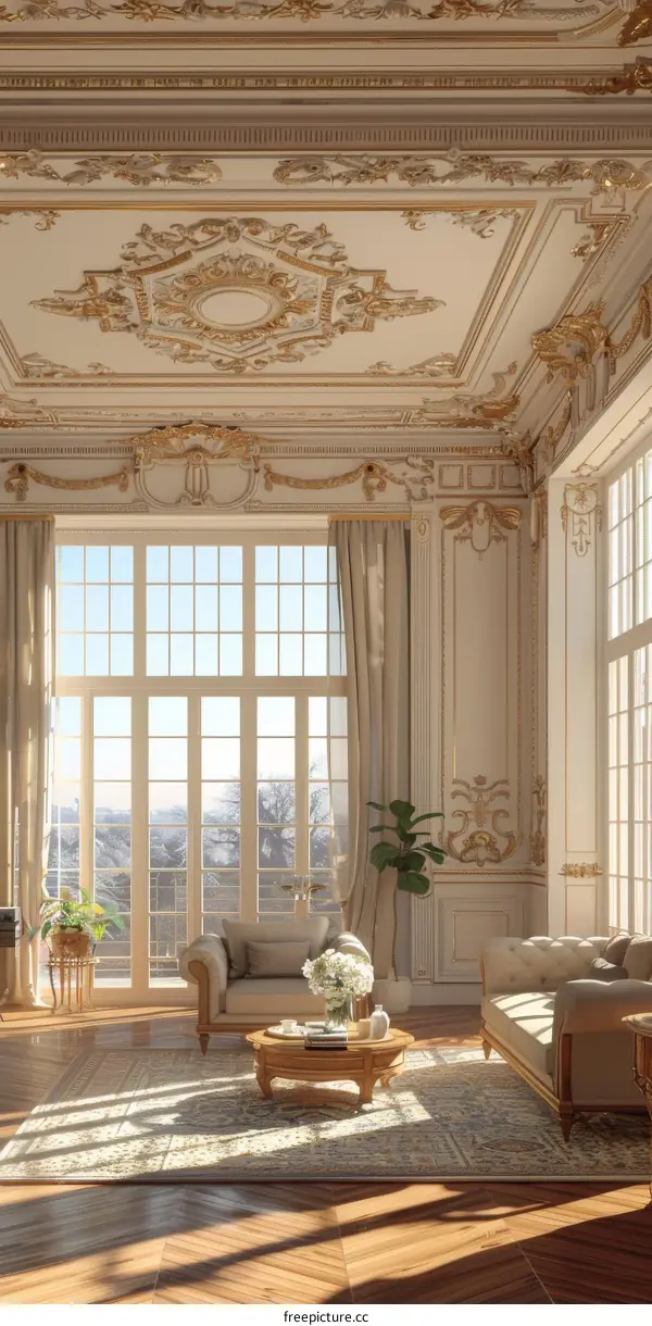 Lavish Living Room with Natural Light and Ornate Ceilings