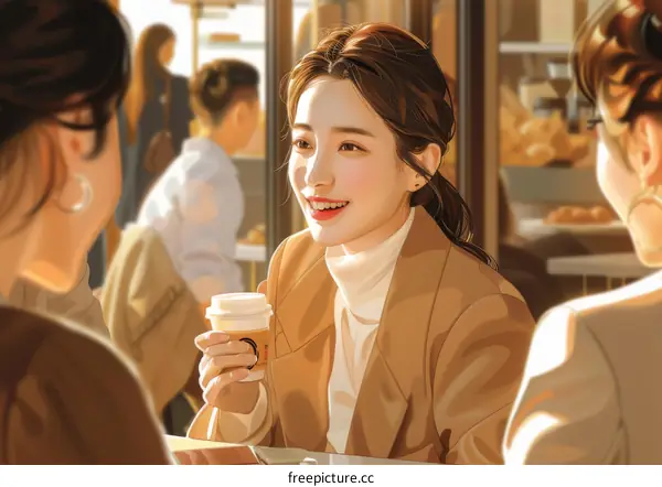 A group of friends are sitting in a cafe and talking happily