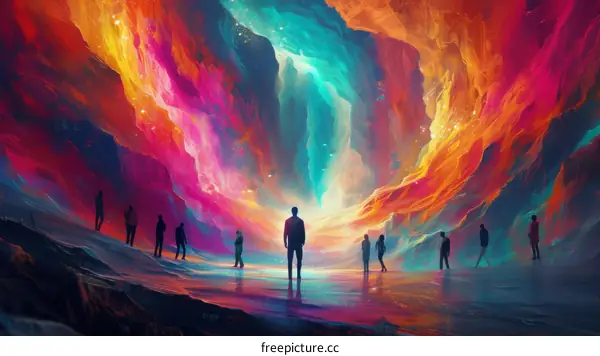 People standing in front of a colorful abstract painting