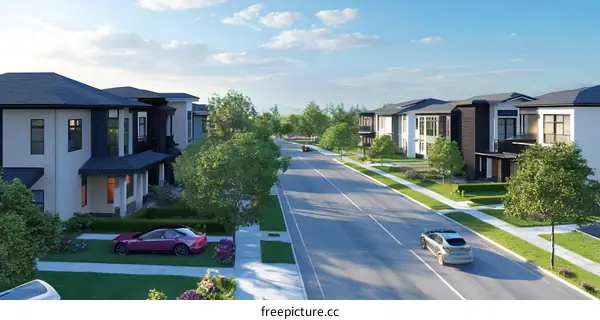 Modern Suburban Street With Houses and Green Grass